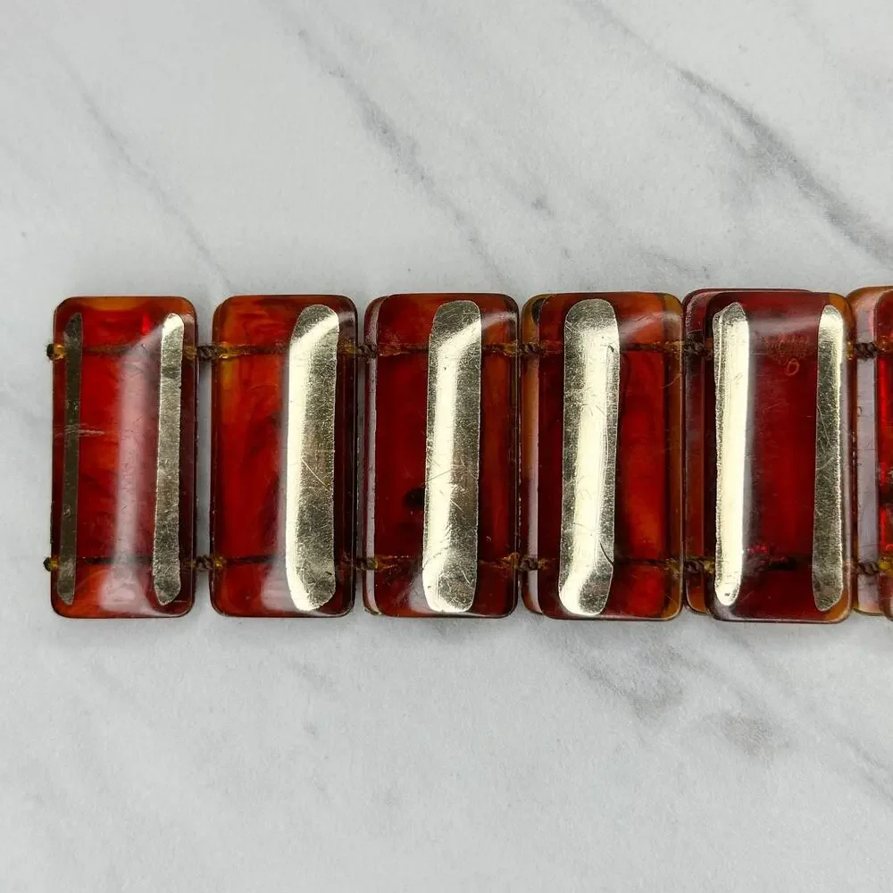 Vintage Red Amber Translucent Plastic Bar Belt Gold Tone Buckle XS/S Small ✨